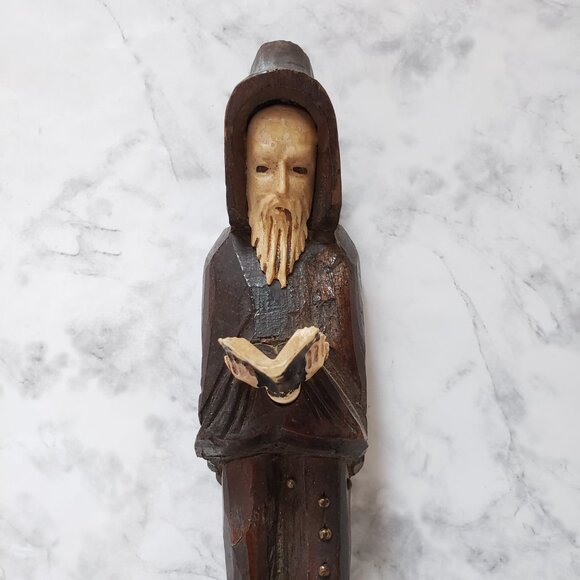 MCM Religious Old Man Hood Robe Book Vintage Hand Carve Wood Statue Goth Witchy - Picture 9 of 9